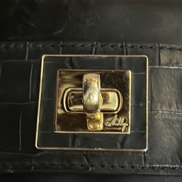 Milly Black Leather/Croc Embossed Top Flap Handbag w/Chunky Enamel Chain Strap - Picture 6 of 11